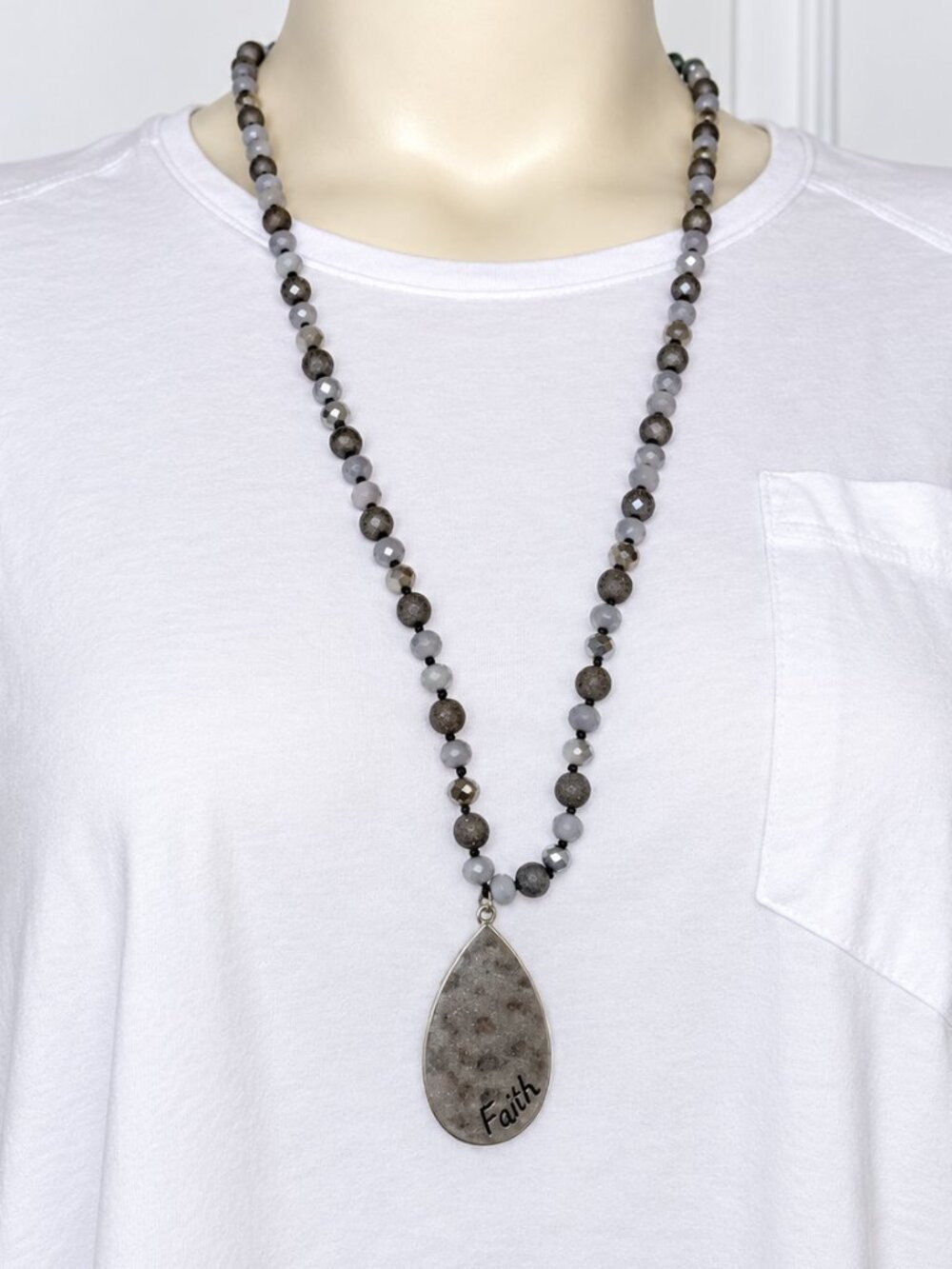 Worthington Faith Gray Beaded Statement Necklace Silver Tone Teardrop Pendant